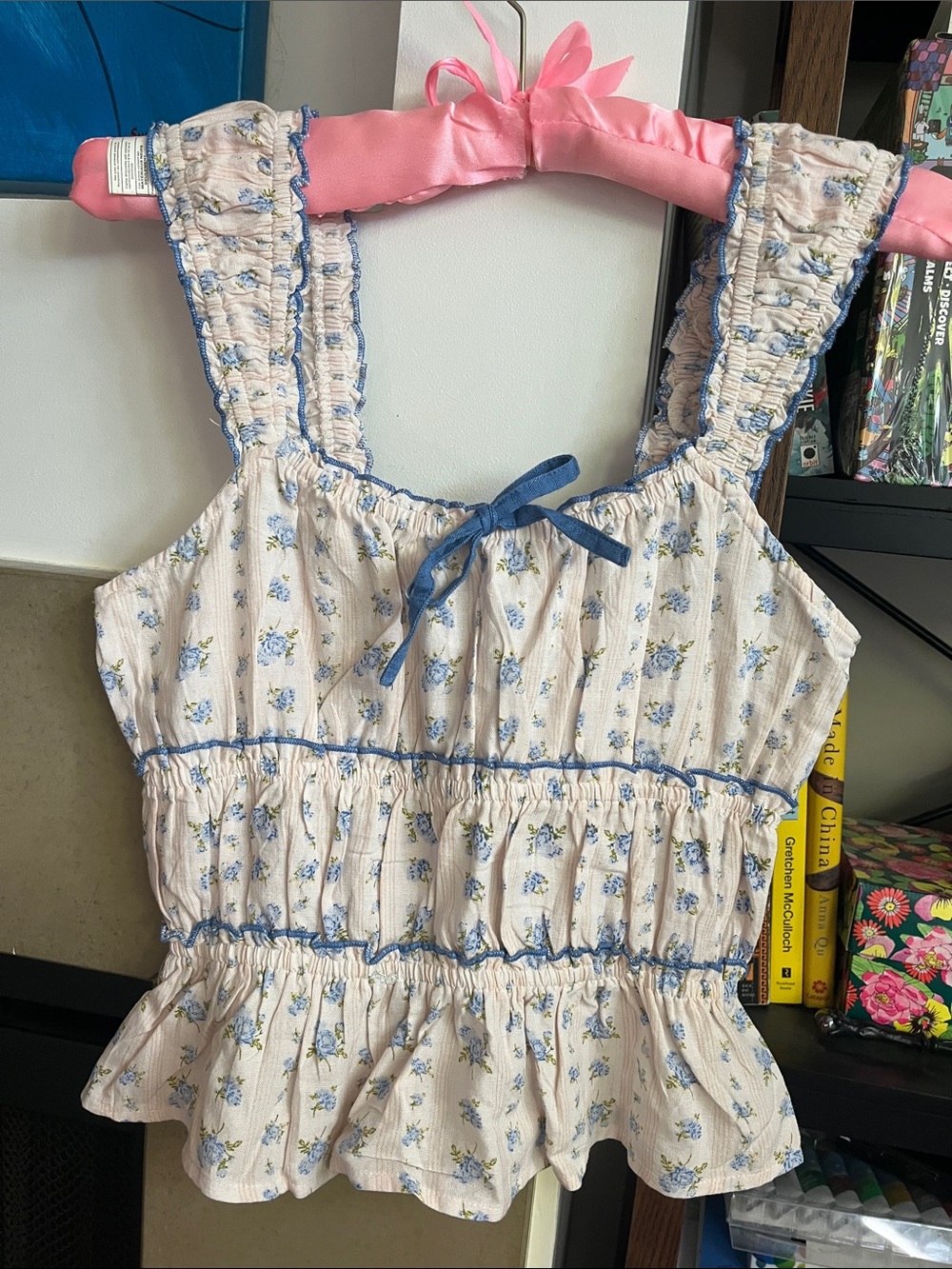 Frilly Cottagecore Linen Blend Floral Top with Bow